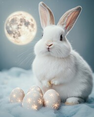 Fluffy White Bunny Sitting Next to Glowing Easter Eggs in Moonlight