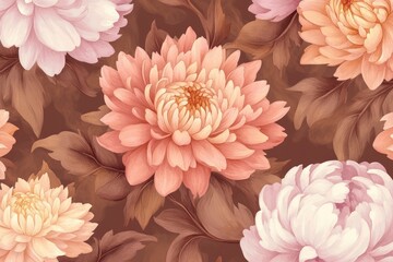 Seamless pattern with chrysanthemum and peony flowers on a brown background, vintage illustration