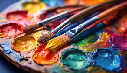 Fototapeta premium Vivid hues swirl together on a wooden palette while brushes await artistic expression in a studio.