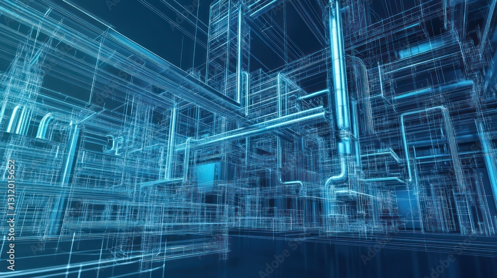Poster blueprint of a complex industrial structure: a 3d wireframe visualization