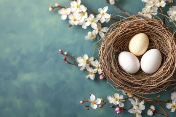 Easter Eggs Arranged in Nest Surrounded by Blooming Flower Branches