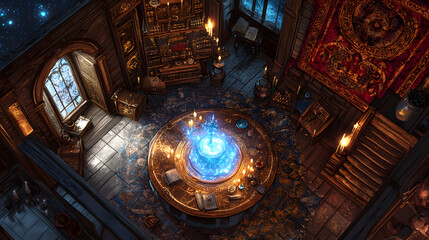 Obraz premium Enchanting Mystical Library - Overhead View of a Magical Study with Glowing Orb