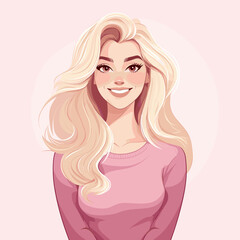 Happy blonde woman, simple but artsy, plain background, flat vector art style. 