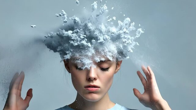 Profile of a young woman with her head exploding into pieces, representing mental health issues and emotional stress trauma video 4k