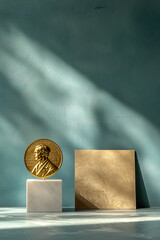 A golden Nobel Prize medal displayed on a white marble pedestal with a textured teal background, illuminated by soft light and casting gentle shadows.