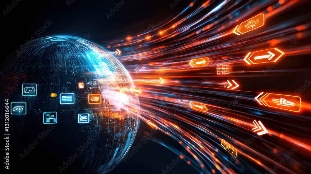 Poster conceptual art showing globe with digital payment symbols and data flow