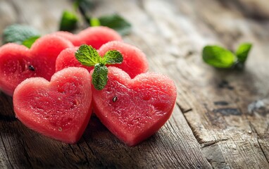 Naklejka na ściany i meble Heart-shaped watermelon slices with mint garnish on a wooden table