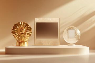 A golden award with a floral design, a minimalist frame, and a smooth spherical sculpture, all set...