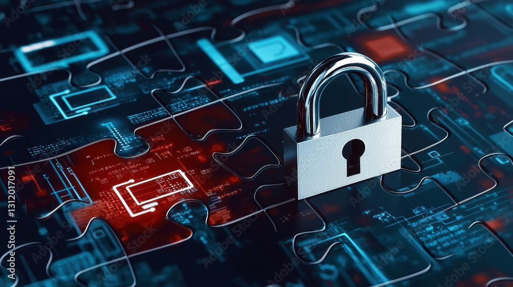 Poster digital lock on puzzle background symbolizes security and technology