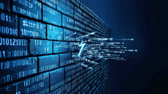 Digital binary code flowing through brick wall, symbolizing technology