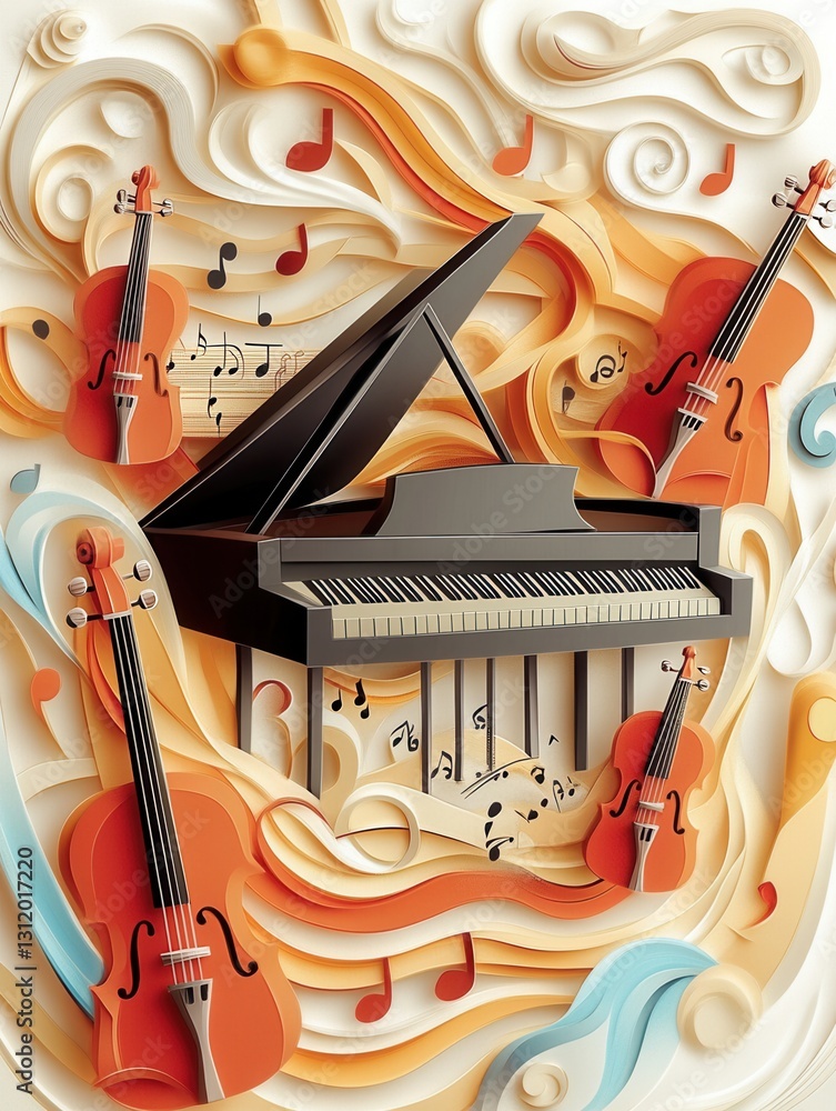 Fototapete Musical notes flow around a grand piano and string instruments in a vibrant paper craft design capturing the essence of music