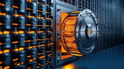 vault door opening to reveal glowing technology inside data center