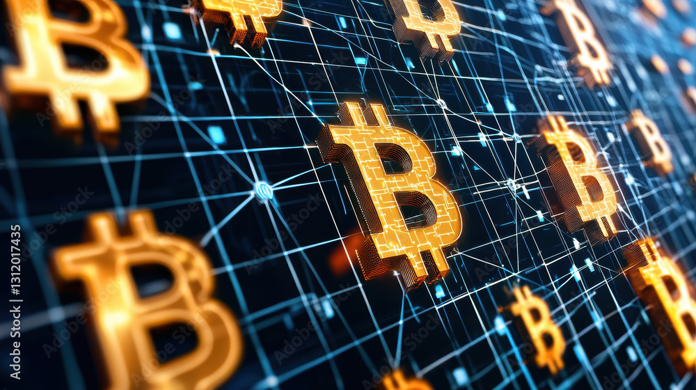 Poster digital representation of cryptocurrency symbols with network background