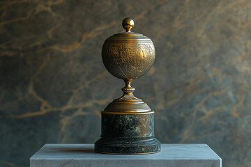 A luxurious globe trophy on a marble pedestal with intricate engravings, symbolizing victory and...
