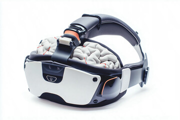 A futuristic headset with a 3D brain design integrated into the headband, showcasing a blend of...