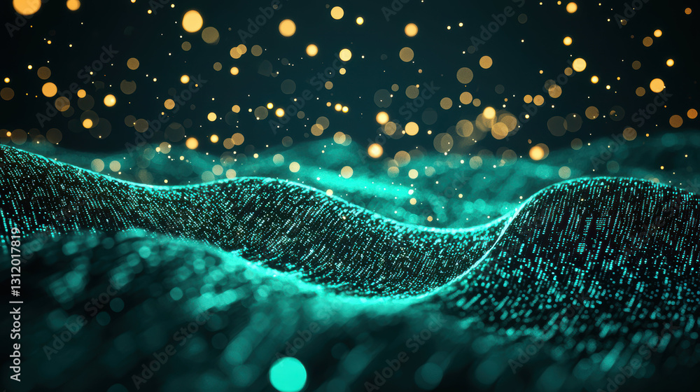 Poster glowing particles create mesmerizing wave like pattern in dark space