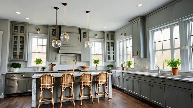 Spacious Modern Farmhouse Kitchen with Large Windows, Marble Countertops, Pendant Lights, and Wooden Barstools

