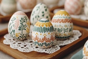 Colorful Easter Eggs on Wooden Tray with Lace Doilies Display