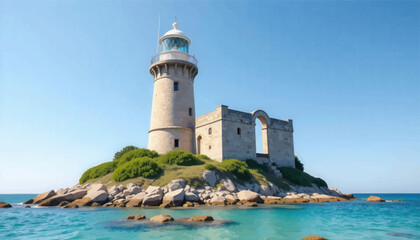 Historic stone lighthouse with ruins on island, turquoise water