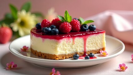 A Delectable Slice of Creamy Cheesecake Topped with a Luscious Berry Glaze and Fresh Raspberries and Blueberries