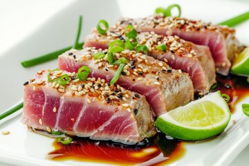 Tuna steaks crusted with toasted sesame seeds and drizzled with soy sauce enhance gourmet dining experience
