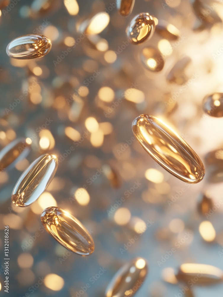 Poster Floating pills in a zero gravity environment with soft shadows and cinematic lighting showcasing an abstract medical theme
