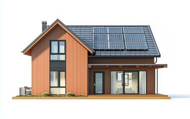 Single Scandinavian-style house with solar panels and a modern glass entrance, isolated on a white background