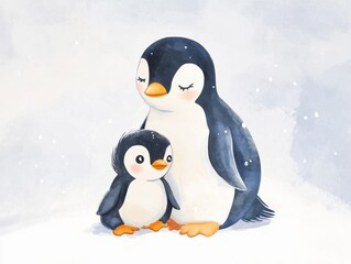 Mother penguin cuddles with her adorable chick in a snowy environment
