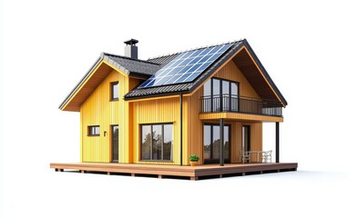 Single Scandinavian-style house with solar panels and a cozy cabin-like feel, isolated on a white background