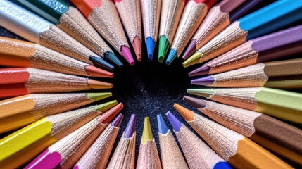 Fototapeta premium Colorful pencils arranged in a circle on a dark background, showcasing variety and creativity