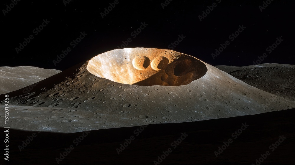 Poster a dramatic lunar terrain image with deep contrasts of light and shadow, emphasizing the celestial bo