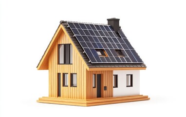 Single Scandinavian-style house with solar panels and a modern minimalist design, isolated on a white background