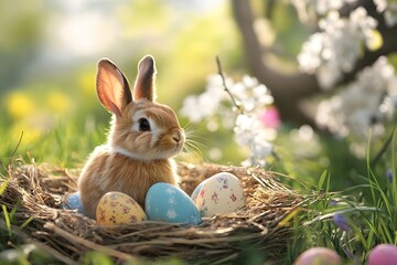 Adorable rabbit nestled in a colorful nest of Easter eggs surrounded by blooming flowers in spring
