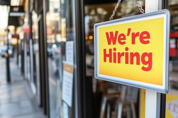 sigboard of "we're hiring" at the shop door