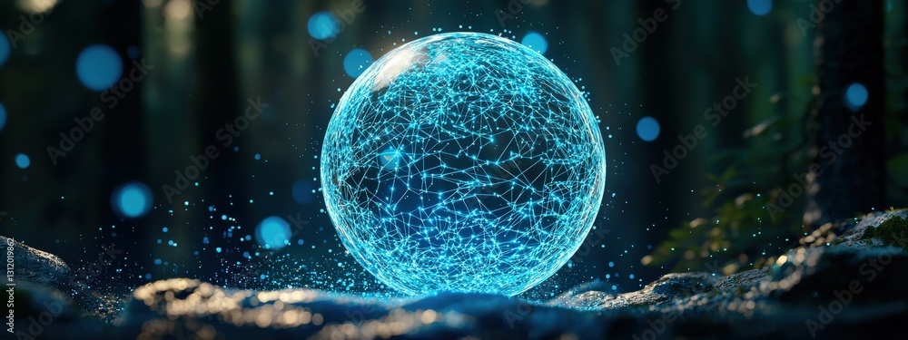 Poster a glowing sphere of digital particles hovering in a dark forest.