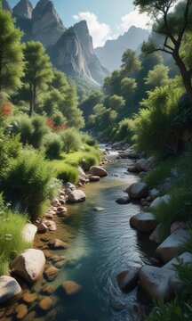 Idyllic scene of whitewater creek surrounded by lush vegetation in Vallon Popera with Croda Rossa in background, vegetation, creek
