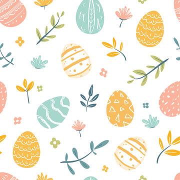 Easter seamless pattern with easter eggs, flowers and leaves on white background 