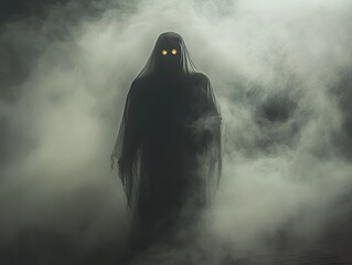 Eerie apparition emerges from swirling mist with glowing eyes