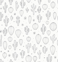 Monochrome cacti and succulent desert plant pattern