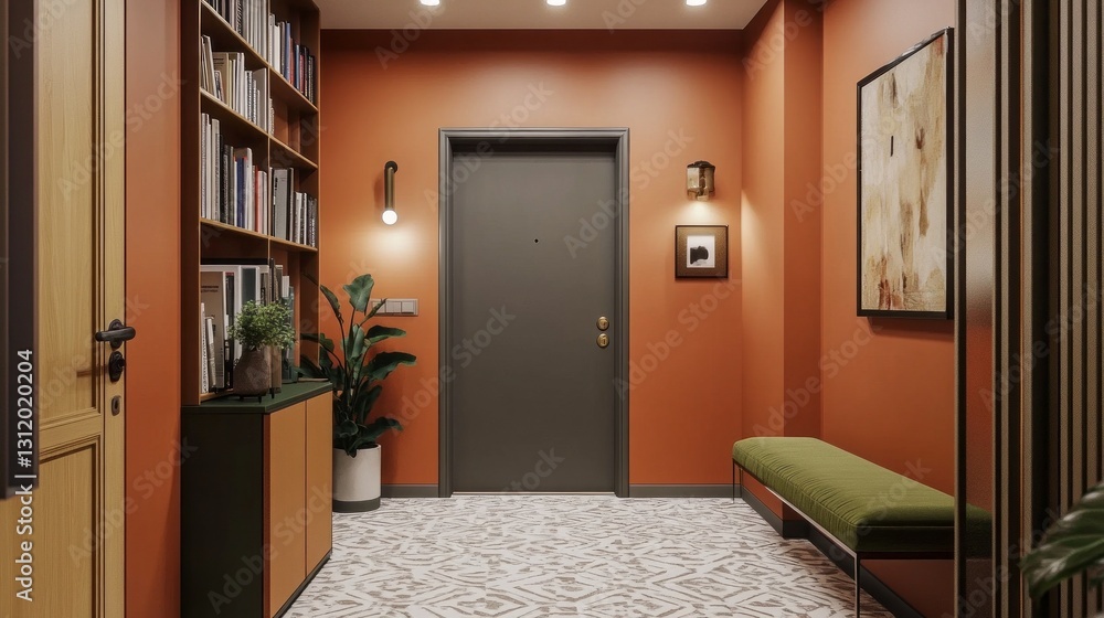 Poster bright colors and elegant design define this apartment entrance hall. terracotta walls enhance the c