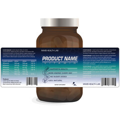 Vector drawing of a dietary supplement bottle and label template gradient