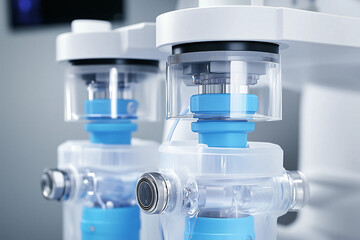 Close-up image of advanced medical equipment with clear components, featuring blue and white...