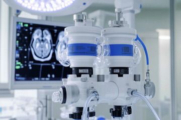 Close-up image of advanced medical equipment with dual chambers and tubes, connected to a monitoring screen displaying a CT scan in an operating room.