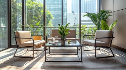 Fototapeta premium Modern waiting area with city view, comfortable seating, and plants