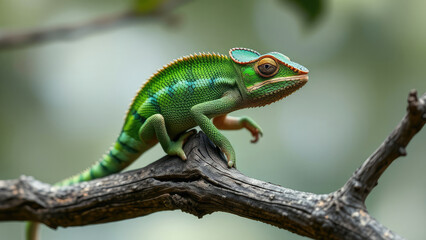 Fototapeta premium Indian Chameleon perched on a branch of a tree with its body bent in a U shape, looking for insects to eat, chameleon climbing, wildlife photography