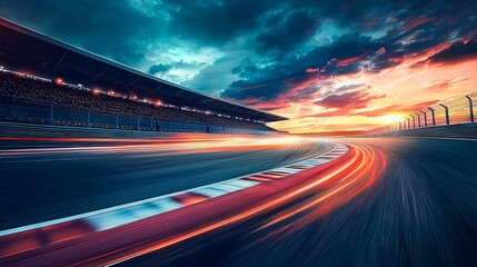 Obraz premium Dramatic Sunset Race Track with Speed and Motion Blur Grandstand and Curve