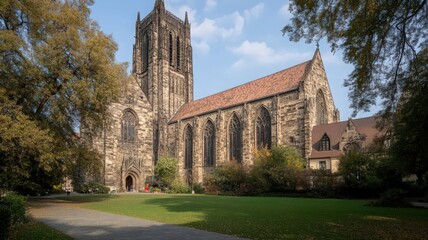Fototapeta premium Stone Church with Tall Tower and Autumnal Trees