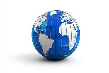 3D globe featuring blue oceans and white continents, symbolizing global connectivity and geography. This illustration represents world and its diverse regions