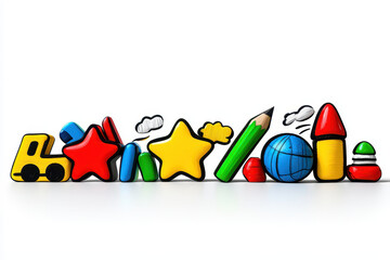 Fototapeta premium Colorful educational toys and objects arranged creatively, including truck, stars, books, pencil, globe, and rocket, evoking playful learning environment