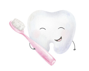 Obraz premium Cute Tooth character holding pink toothbrush. Isolated hand drawn watercolor kids illustration for promoting Daily Oral hygiene, pediatric dentistry, products of dental health care